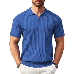 Men's Zipper Polo Shirts Short Sleeve Ribbed Knit Polo T Shirts Blue